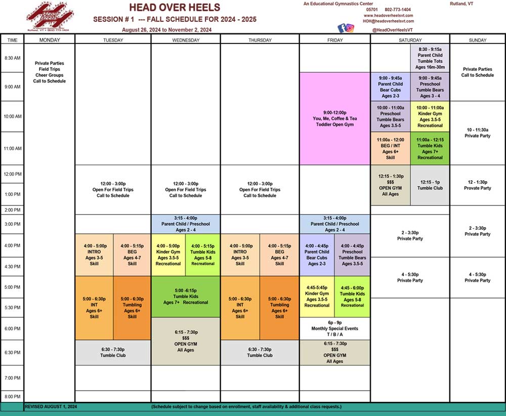 2024-2025 Fall Winter Class Schedule